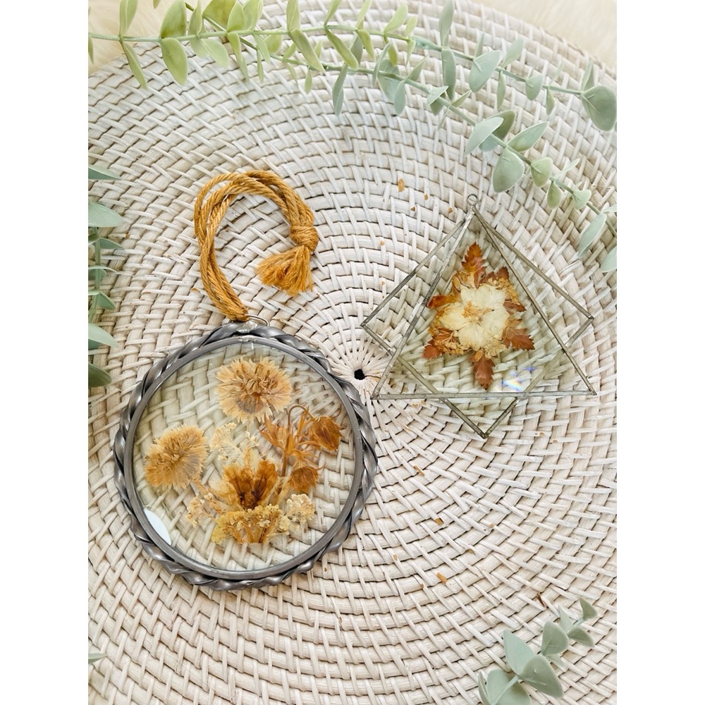 Pair of Vintage Beveled Glass Dried Flowers Suncatchers Wall Hangings